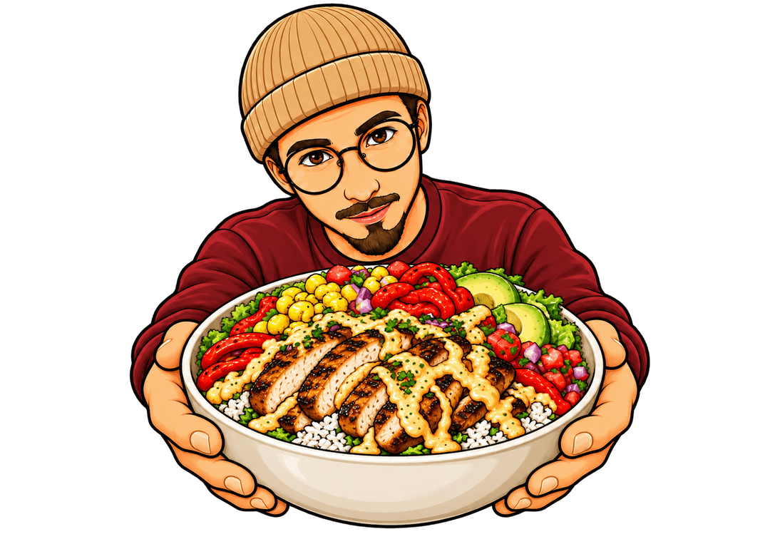 Stacked Sandwiches mascot holding a bowl of rice, veggies, and steak with sauce